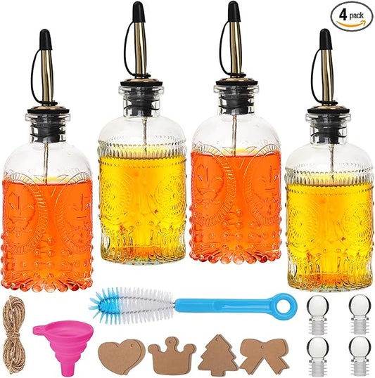 7oz Glass Coffee Syrup Dispenser, 4-Pack Complete Set with Funnel, Brush, Stoppers & Accessories - Syrup Bottles for Coffee Bar with Metal Pour Spout, Ideal for Maple,Oil, Vinegar,Cooking wine