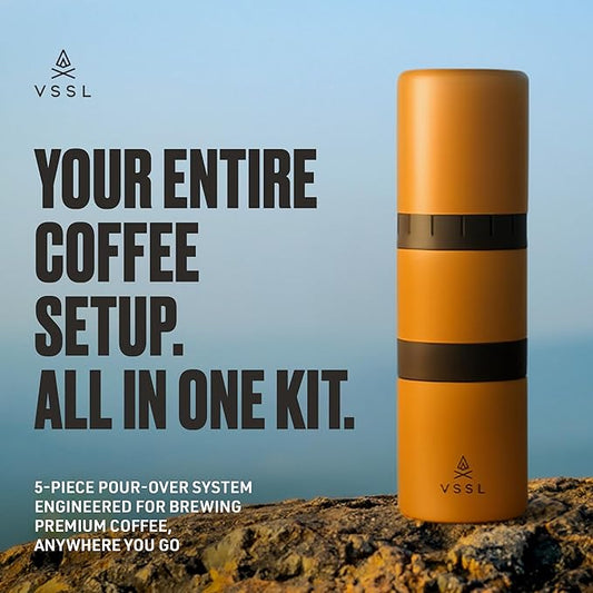 VSSL - Nest Pour Over Coffee Kit | Coffee Maker for Camping | All-In-One Travel Pour Over | Transportable Dripper, Two 10oz Stainless Steel Travel Mugs | Compact Storage & Adventure Ready | Sahara