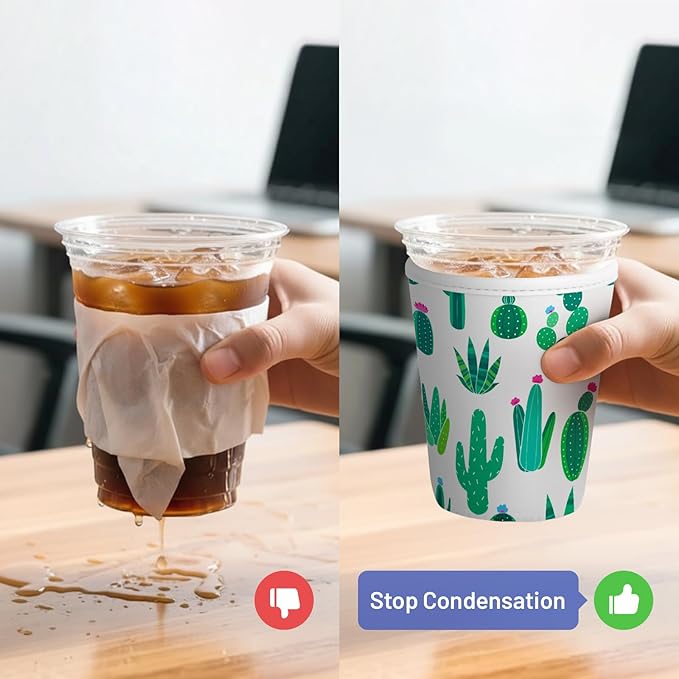 Iced Coffee Sleeve Reusable Cup Sleeves for Cold Drinks Neoprene Koozie Cozy Plastic Cup Covers for Drinks, Cactus