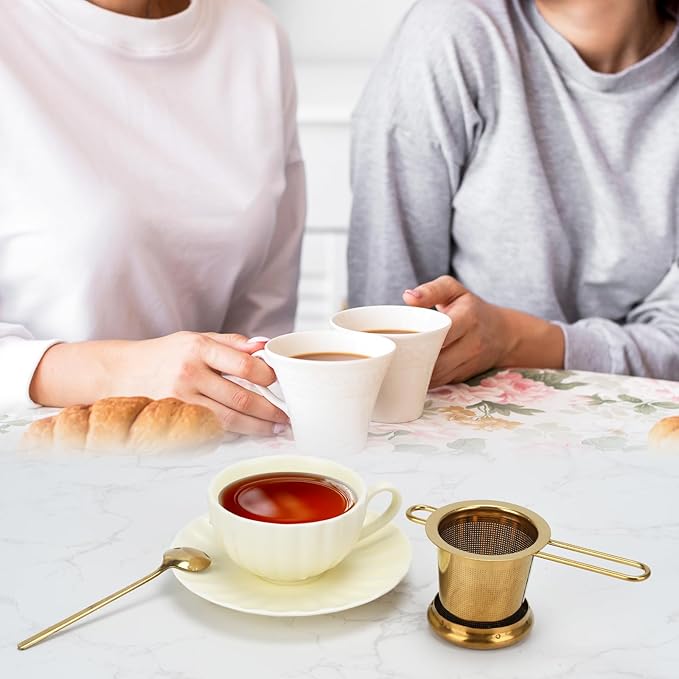 2pcs Tea Infuser, Stainless Steel Tea Strainer Fine Mesh Tea Diffuser with Double Long Handles Loose Leaf Tea Steeper for Mugs Cups Teapots (Gold)