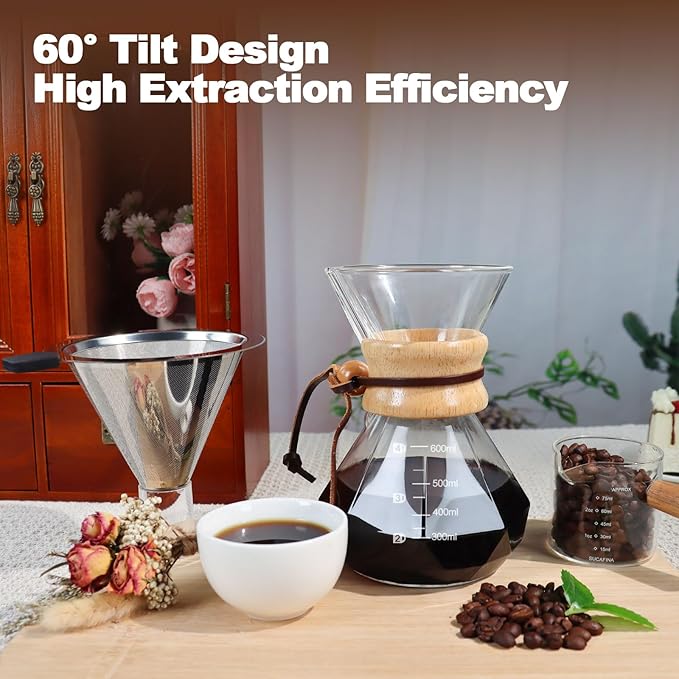 Pour Over Coffee Maker 600ml 20.3oz Glass Drip Coffee Maker with 304 Stainless Steel Filter High Borosilicate Glass Duckbill Spout Solid Wood Handle Pour Over Coffee Dripper for Daily Brewing