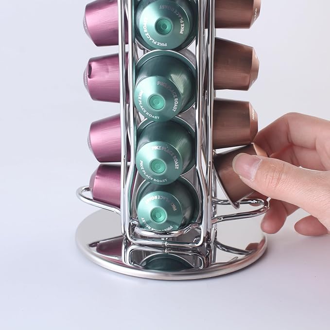 SEVENLINE Coffee Pod Holder Stand Compatible With Nespresso Original Pods Carousel Storage Rack Capsules Organizer For 40 Capsules (Silvery)