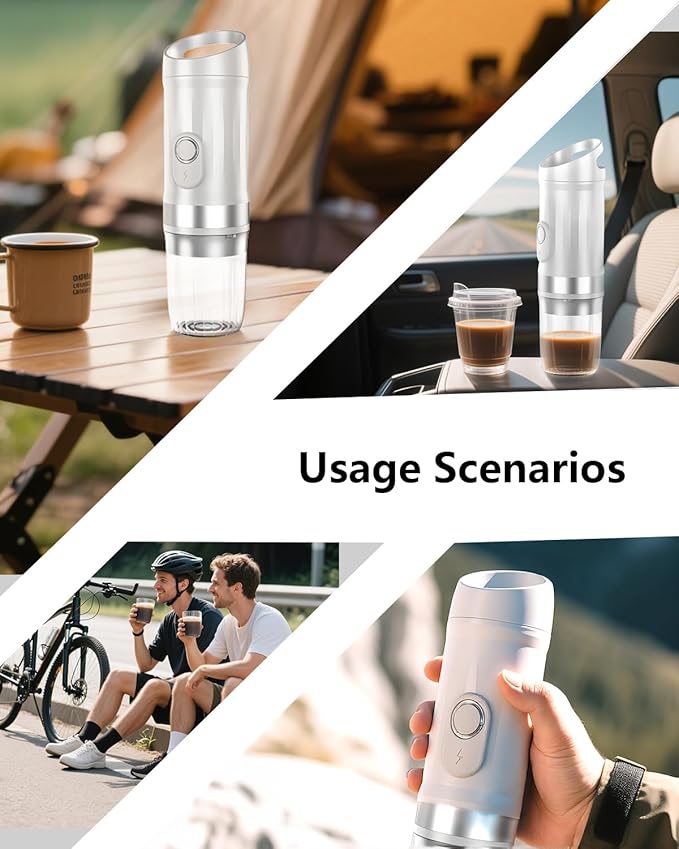Portable Espresso Machine 3Minute Auto Heat12V Rechargeable Electri Coffee Maker 20 BaCompatible with NS DG Capsules and GroundCoffee for Camping, Travelling RVing HikingandOffice (White)
