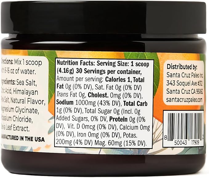 Santa Cruz Paleo Electrolyte Powder, Orange Flavor, Sugar Free Hydration Drink Mix with Himalayan Pink Salt, Sea Salt, Magnesium Glycinate, Potassium Chloride, Sweetened with Stevia, 30 Servings