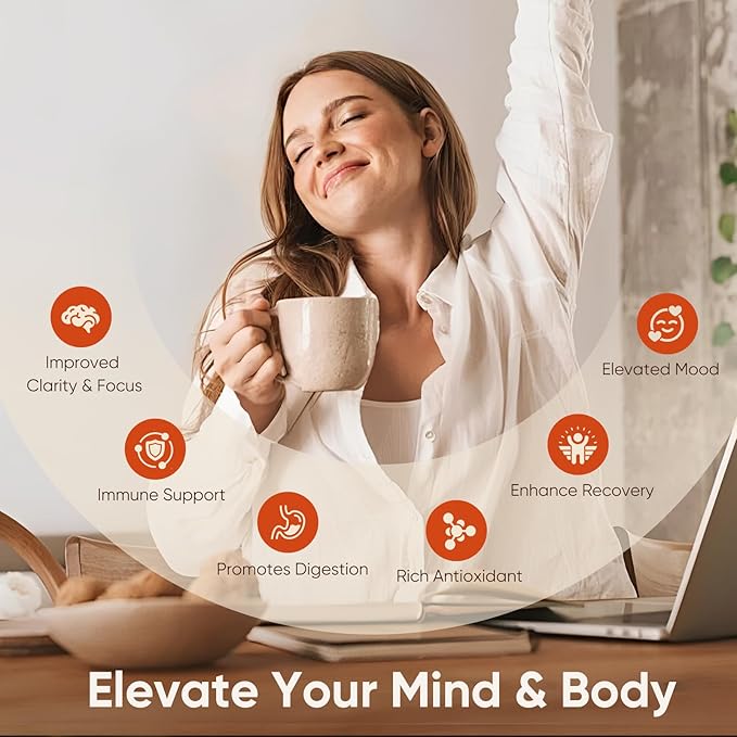 Mushroom Coffee, 12 Mushrooms Powder Blend Ashwagandha, Lion's Mane, Chaga and Probiotics, Mushrooms Instant Coffee Latte for Focus, Gut & Immunity Health- 30 Servings