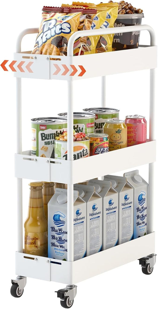 HOTEAGLE 3-Tier Rolling Cart Metal Expandable Utility Carts with Wheels, Ideal Storage Organizer for Livingroom, Bedroom, Kitchen and Bathroom, White