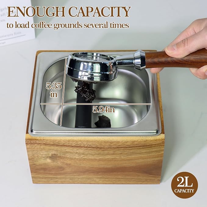 Acacia Wood Espresso Knock Box, Large Capacity with Stainless Steel Interior, Silicone Knock Bar, Anti-Slip Base, Noise-Reducing & Shock-Absorbing Design, Removable for Easy Cleaning