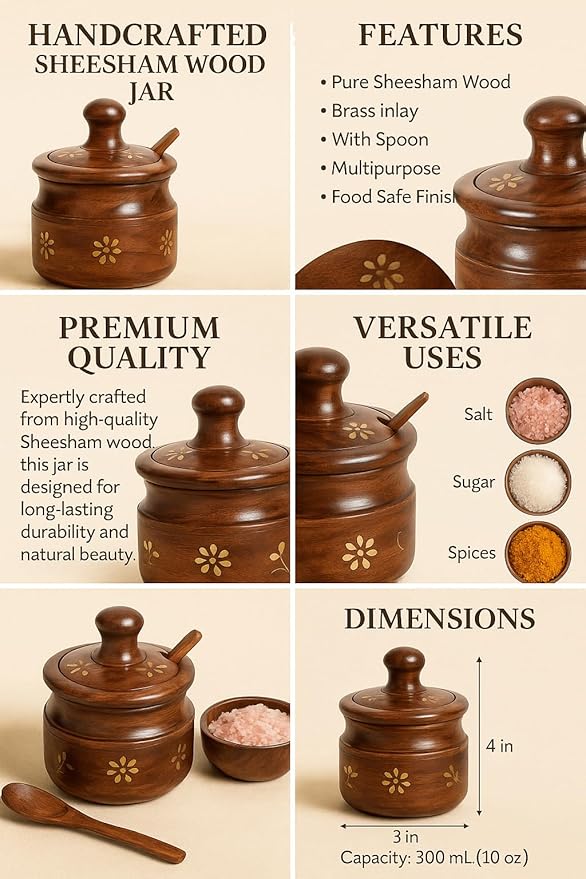Handcrafted Sheesham Wood Spice Jar with Spoon & Lid | Decorative Wooden Sugar/Spice Container with Brass Inlay | Traditional Kitchen Storage Pot