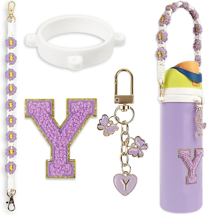 Compatible with Owala Water Bottle Accessories, Cute Letter Charm Set with Boho Handle Strap, Monogram Sticker, Silicone Ring, Keychain Decoration, for FreeSip 24 32 40oz, Owala Kids, Tumbler Gift