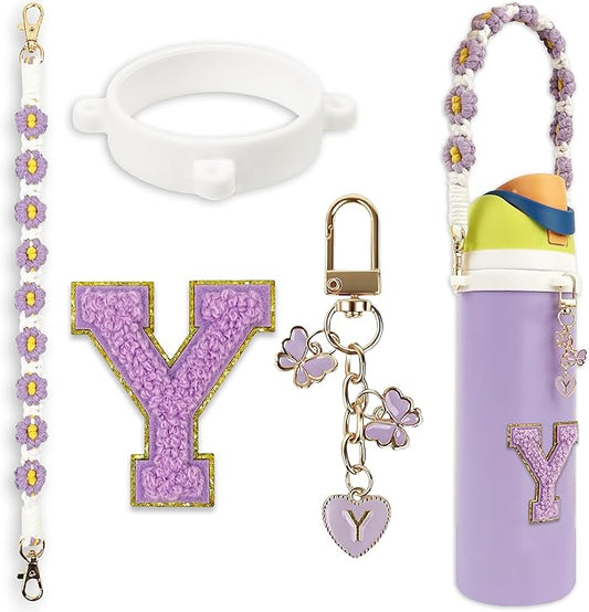 Compatible with Owala Water Bottle Accessories, Cute Letter Charm Set with Boho Handle Strap, Monogram Sticker, Silicone Ring, Keychain Decoration, for FreeSip 24 32 40oz, Owala Kids, Tumbler Gift