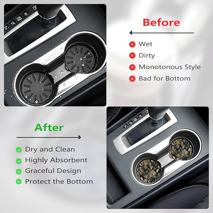 Car Cup Holder Coasters, 2 Pcs Ceramic Coasters with Finger Slot and Cork Back, Anti-Slip Shock Absorbing Women and Men Universal Car Accessories - Golden Powder Leaves