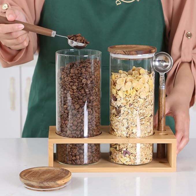 KKC HOME ACCENTS Clear Glass Food Storage Canisters with Airtight Wooden Lids and Scoops,Air Tight Sealed Glass Canisters with Spoons for Ground Coffee and Beans,Loose Tea,Flour,Sugar,47 Fl oz