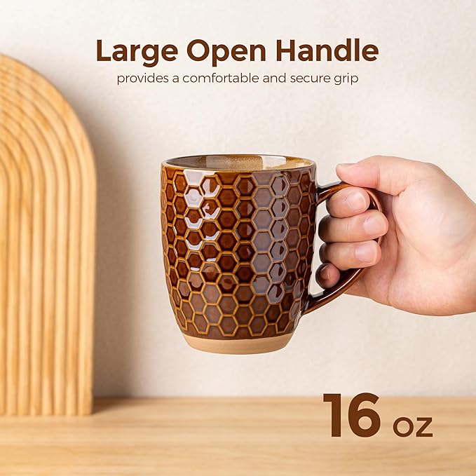 GBhome Large Coffee Mugs Set of 4, 16oz Handmade Embossed Coffee Mugs Set with Large Handle for Cappuccino/Latte/Tea/Hot Cocoa, Dishwasher & Microwave Safe, Caramel