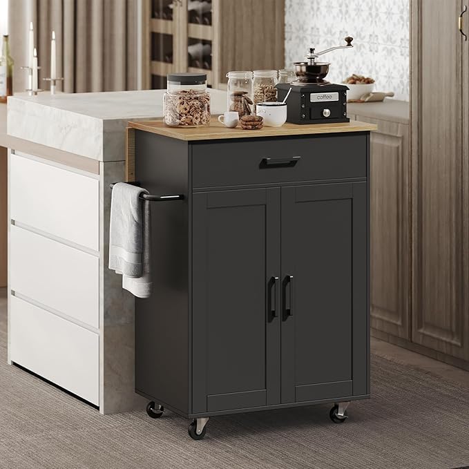 Kitchen Island on Wheels with Drop Leaf, Folding Countertop Kitchen Island Cart, Kitchen Islands Table with Towel Rack, Drawer, for Kitchen, Dining Room, Black and Natural KINB12501