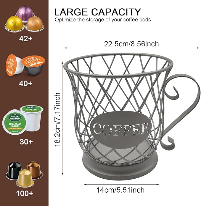 Coffee Pod Storage Basket, Capsule Holder for 35 K Cup Organizer, Bar Countertop Decor - Silver