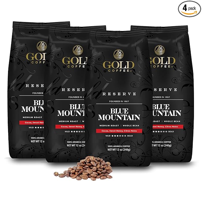 Gold Coffee | Blue Mountain Premium Blend | Medium Roast, Whole Bean | 100% Arabica Coffee | 12 oz. (Pack of 4)