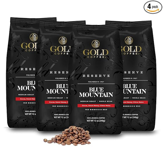 Gold Coffee | Blue Mountain Premium Blend | Medium Roast, Whole Bean | 100% Arabica Coffee | 12 oz. (Pack of 4)