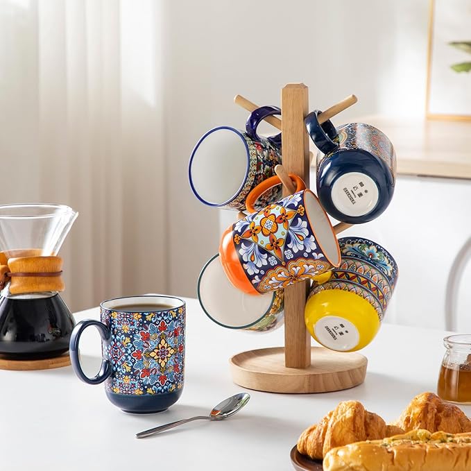 vancasso Boho Coffee Mugs Set of 6, 14 oz Ceramic Mugs with Handle, Colorful Porcelain Cups Microwave Dishwasher Safe, for Latte Tea Cappuccino Cocoa Hot Chocolate