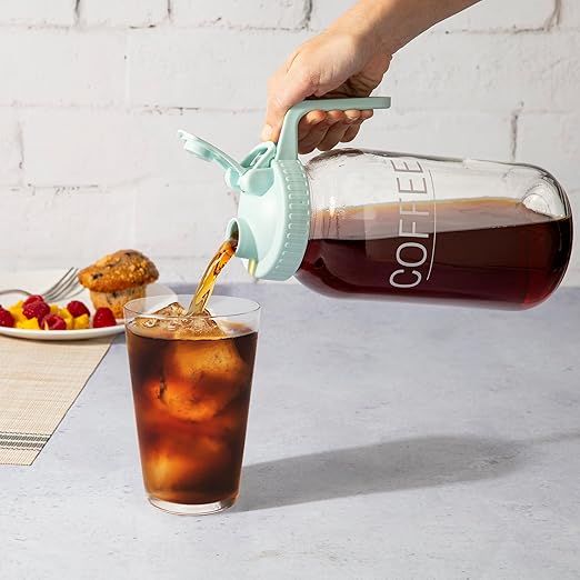 Primula Mason Jar Cold Brew Iced Coffee Maker with Stainless Steel Filter and Easy Pour Lid, Durable Glass Pitcher Fits in Most Fridge Doors, Dishwasher Safe, Made without BPA, 2-Quart, Aqua