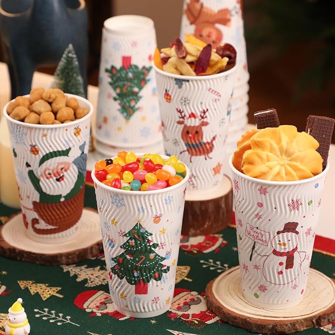 BYSNOW 100 Count Christmas Paper Cups, Xmas 16 oz DisposableCoffee Cups Snowflake Santa Snowman Elk Christmas(16oz 100Count)