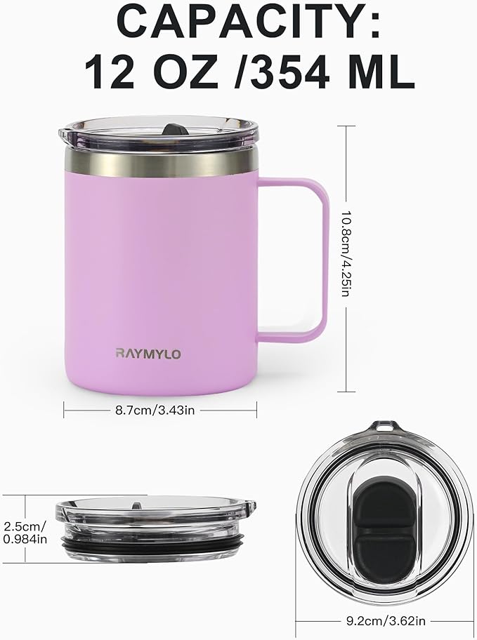 Insulated Coffee Mug 12 oz, Double Wall Stainless Steel Coffee Mug with Lids, Leak-Proof & Detachable Slider Lid for Thorough Clean, Keeps Coffee Cold for 9 Hrs, Suitable for Camp Home Office