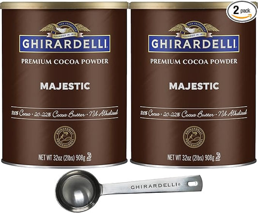 Ghirardelli Majestic Premium Cocoa Powder, 32 Ounce Can (Pack of 2) with Ghirardelli Stamped Barista Spoon