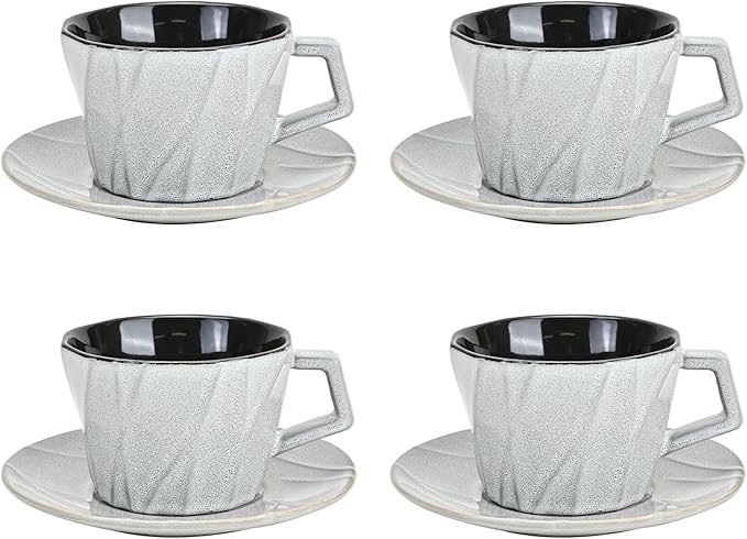 MyBudsBuzz Ceramic Espresso Cups with Saucers 6 oz,Coffe Cups for Cappuccino,Latte,Tea with Saucers Set of 4 - Geometry - Gray