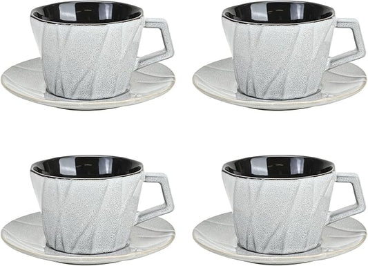 MyBudsBuzz Ceramic Espresso Cups with Saucers 6 oz,Coffe Cups for Cappuccino,Latte,Tea with Saucers Set of 4 - Geometry - Gray