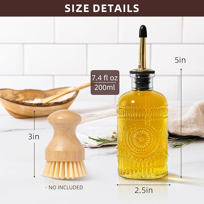 Coffee Syrup Dispenser for Coffee Bar, 4 Pack Glass Syrup Dispensers Bottles with Bamboo Tray, 7 Fl Oz Small Maple Syrup Container with Golden Spoon, Vintage Oil Dispenser for Kitchen