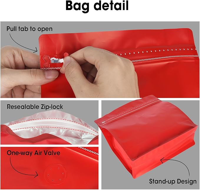 50 Count 16oz Coffee Bags with Valve,1lb Vented Coffee Beans Packaging Bags High Barrier Aluminumed Foil Flat Bottom Heat Sealed Side Zipper Resealable Storage Bag for Home or Business(Red）