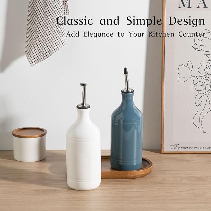 Sweejar Ceramic Olive Oil Dispenser Bottle Set, Opaque Oil Cruet Protects to Reduce Oxidation, Suitable For Storage Of Vinegar, Soy Sauce & Other Liquids,Pack of 2,15.5 Fl Oz（White Fogblue）