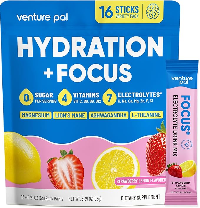 Venture Pal 2-in-1 Hydration Packets + Focus Support Electrolytes Powder, 7 Electrolytes + Vitamins, Magnesium, Lion's Mane & L-Theanine | Sugar Free Liquid Daily IV Drink Mix, Vegan, Keto, 16 Sticks