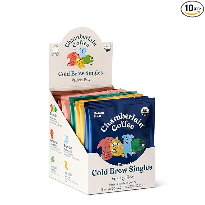 Chamberlain Coffee Cold Brew Variety Box – 10 Single Serve Bags w/Different Flavors for Cold Brew or Iced Drinks - Ideal for Summer Use, at Home, Camping, or Travel - Coffee Gift Set for Any Occasion