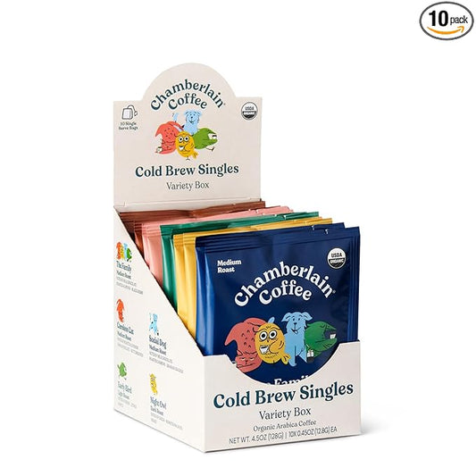 Chamberlain Coffee Cold Brew Variety Box – 10 Single Serve Bags w/Different Flavors for Cold Brew or Iced Drinks - Ideal for Summer Use, at Home, Camping, or Travel - Coffee Gift Set for Any Occasion