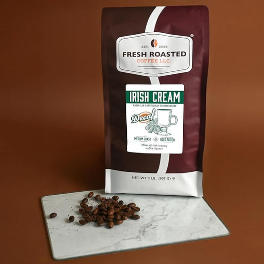Fresh Roasted Coffee, Decaf Irish Cream Flavored Coffee, 2 lb (32 oz), Medium Roast, Kosher, Whole Bean