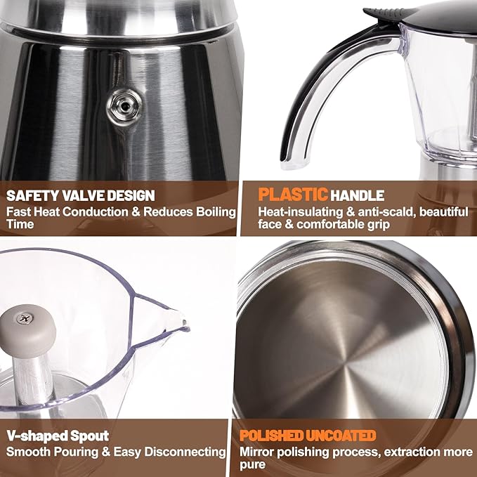 Electric Moka Pot 6 Cup 300ml Plastic Transparent Stovetop Espresso Maker Portable Stainless Steel Mocha Pot Percolator Italian Coffee Makers Greca Machine Cafe Classic for Home Camping