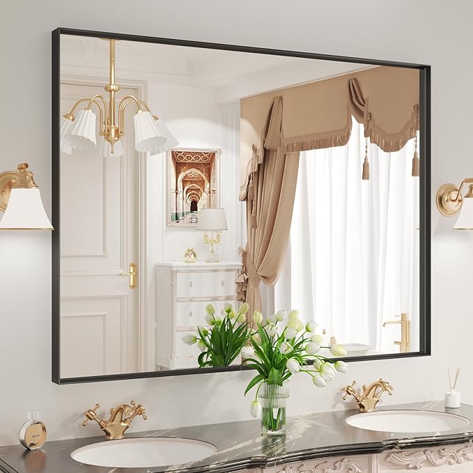 LOAAO Black Bathroom Mirror 48"X36" for Wall, Rectangle Bathroom Vanity Mirror, Tempered Glass, Hangs Vertically or Horizontally, Easy to Install, Modern Design