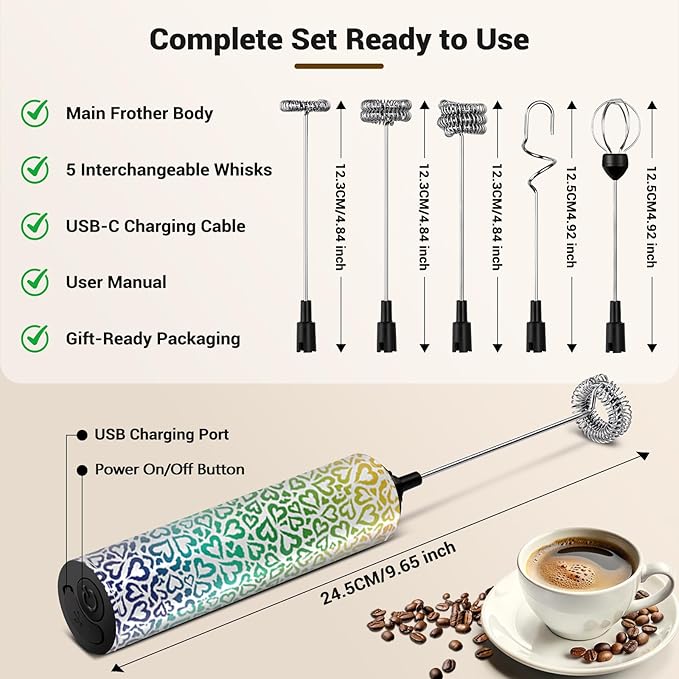 Milk Frother Handheld Rechargeable - 2-Speed Electric Whisk with 5 Detachable Heads (Frother/Mixer/Whisk) for Coffee, Latte, Cappuccino & Matcha, Drink Mixer (Flower 5)