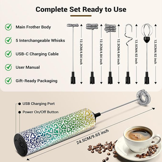 Milk Frother Handheld Rechargeable - 2-Speed Electric Whisk with 5 Detachable Heads (Frother/Mixer/Whisk) for Coffee, Latte, Cappuccino & Matcha, Drink Mixer (Flower 5)