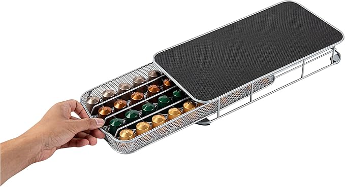 Restaurantware Restpresso 14.8 x 7.3 x 2.4 Inch Coffee Capsule Drawer 1 Heavy-Duty Pod Drawer - Holds 40 Nespresso Capsules Grip Top Iron Espresso Pod Organizer Mesh Tray Pods Not Included