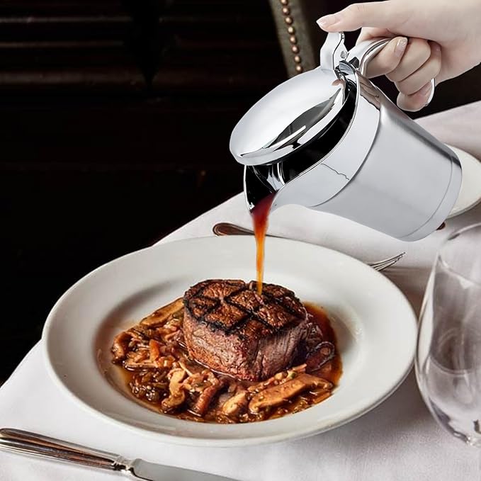 Double Insulated Gravy Boat, 18/8 Stainless Steel Sauce Jug Gravy Boat with Hinged Lid - Ideal for Gravy or Cream at Thanksgiving, Halloween, Christmas, Dishwasher safe (450ML/16 OZ)
