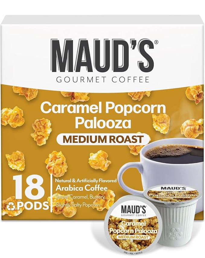 Maud's Caramel Popcorn Flavored Coffee Pods, 18 ct, Medium Roast Flavored Coffee in Recyclable Single Serve Pods – 100% Arabica Beans, Compatible with Keurig K Cups Maker