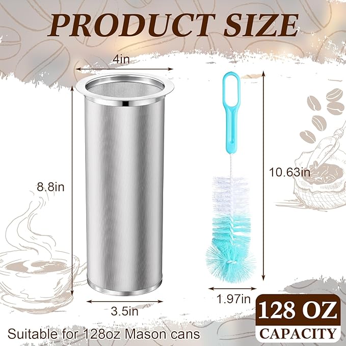 Acellegic Cold Brew Coffee Filter with Brush for 128 Oz/4 Quart Wide Mouth Mason Jar Infuser 304 Stainless Steel Strainer Food Grade Filter with Sealing Ring for Iced Drink Fruit Tea Coffee Maker