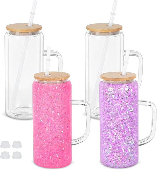20 Oz Snow Globe Glass Cup With Handle, 4 Pack Pre-Drilled Double Wall Glass Coffee Mug For Snowglobe Diy Glitter, Double Wall Snow Globe Tumbler with Bamboo Lid