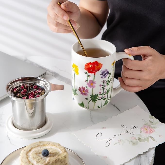 AmorArc Porcelain Tea Mug with Infuser and Lids, 18 Oz Coffee Cup Strainer with Bag Holder for Loose Leaf Tea, Tea Steeping Coffee Mug for House-warming Wedding Birthday Gift