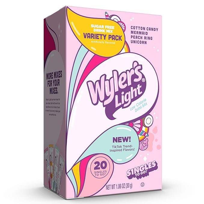 Wyler's Light Singles to Go Powder Packets, Water Drink Mix, Variety Pack, Watertok Fun Flavors, Cotton Candy, Mermaid, Peach Ring, Unicorn, Sugar & Caffeine Free, On-The-Go,20 Count (Pack of 2)