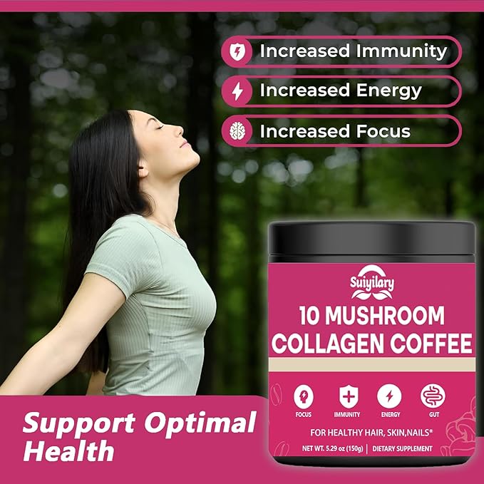 Mushroom Coffee with Collagen, 10 Mushroom Extract Powder Blend Lion's Mane, Brain Supplements with Instant Coffee for Energy, Focus, Skin and Immunity 150g 30 Serving