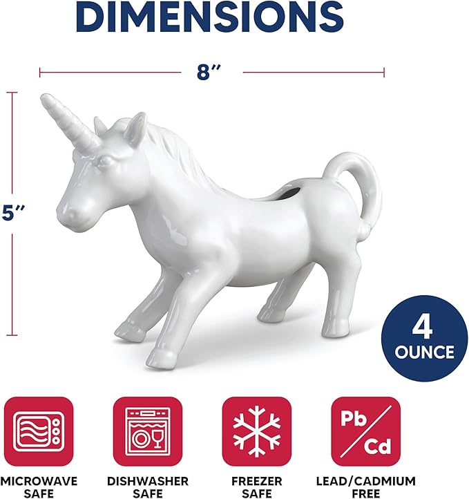 HIC Kitchen Unicorn Creamer With Handle, Fine Porcelain, 4-Ounce, For Serving Milk, Cream, Syrup, Dressings, And Sauces