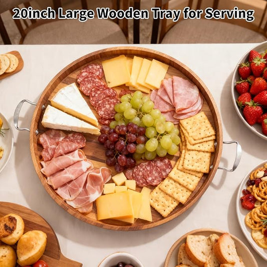 Large Round Tray 20" Round Wooden Tray Ottoman Tray with Handles Elegance and Easy to Pick Up, Tray for Ottoman Wood Serving Tray Decorative Trays for Daily Use and Party with Friends and Family
