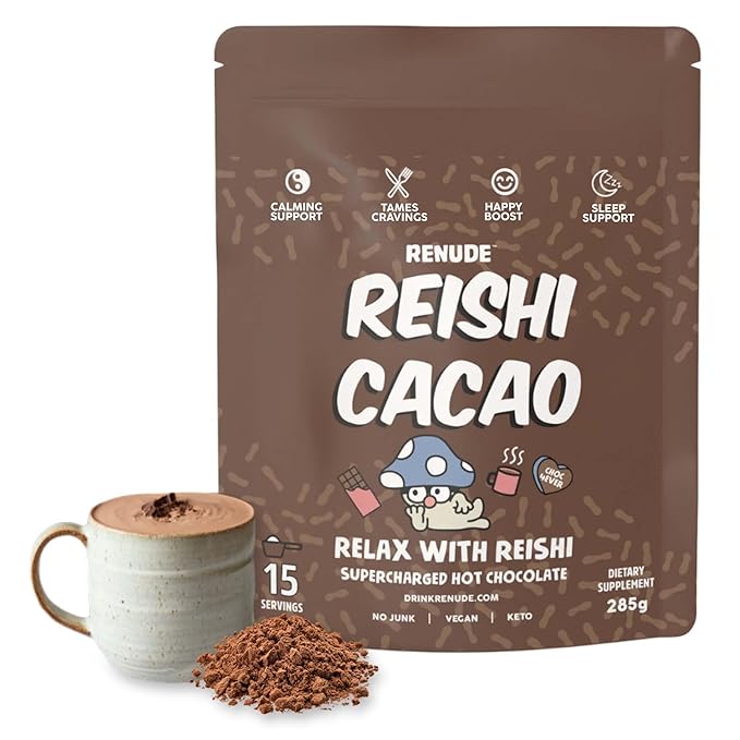Renude Reishi Cacao Powder - Mushroom Hot Chocolate Drink, Mushroom Coffee Alternative, Hot Cacao Mix with Reishi, Sleep Support, Organic Ingredients - 15 Servings